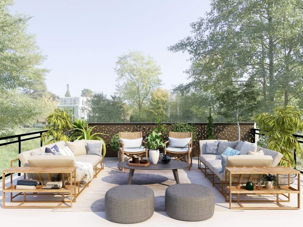 a patio with furniture and trees