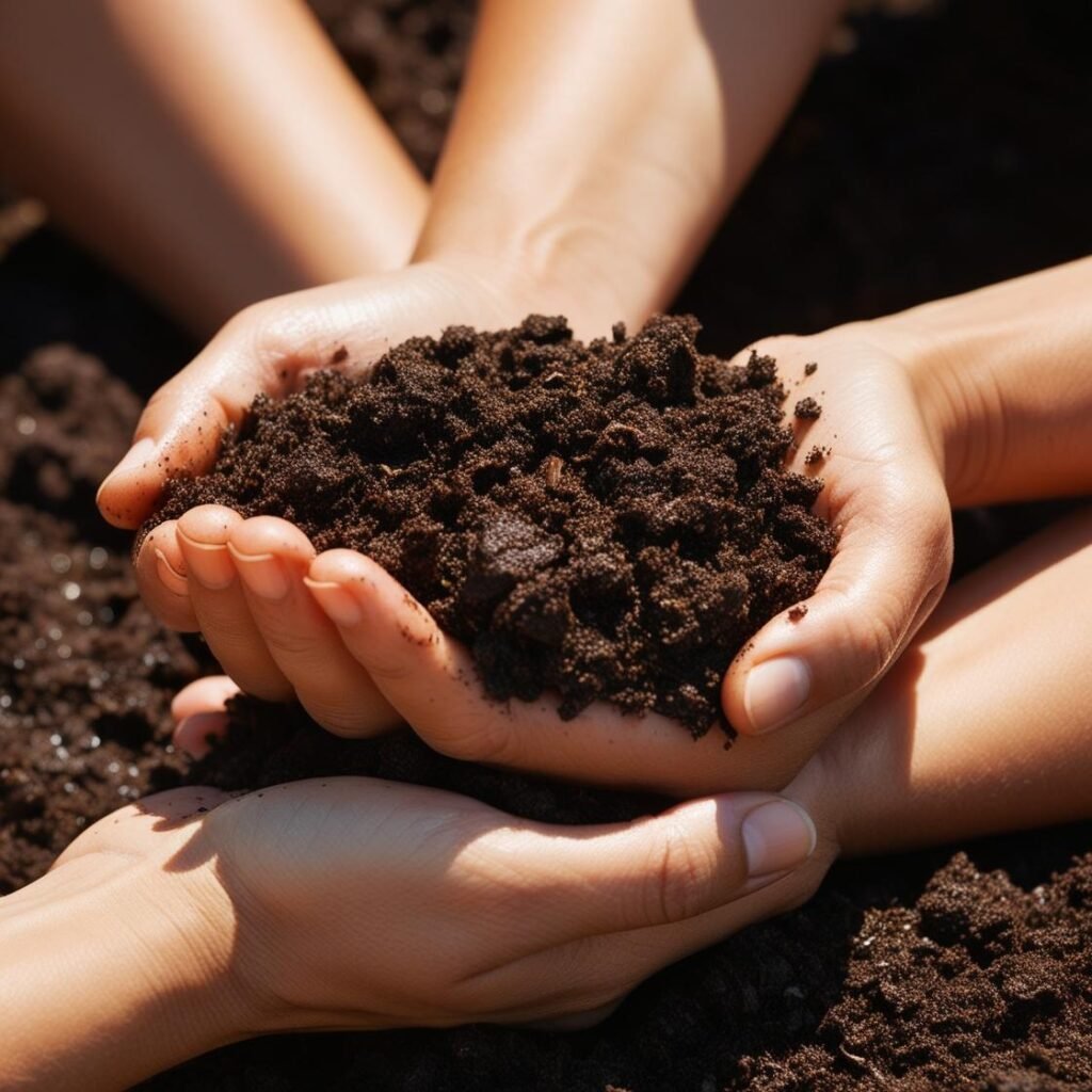 hands holding dirt in the ground soil health