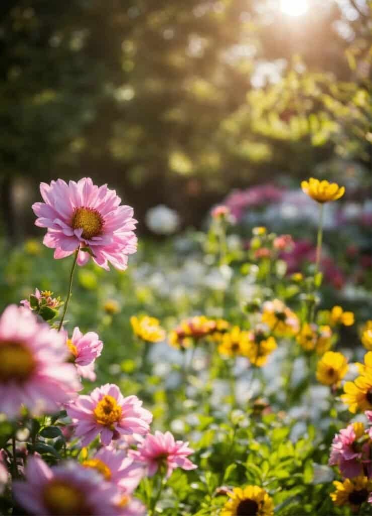 a group of flowers in a field