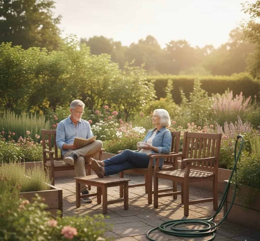 Low Maintenance Gardening for Seniors (Without Exhaustion or Pain) 7 Couple relaxing in a garden.