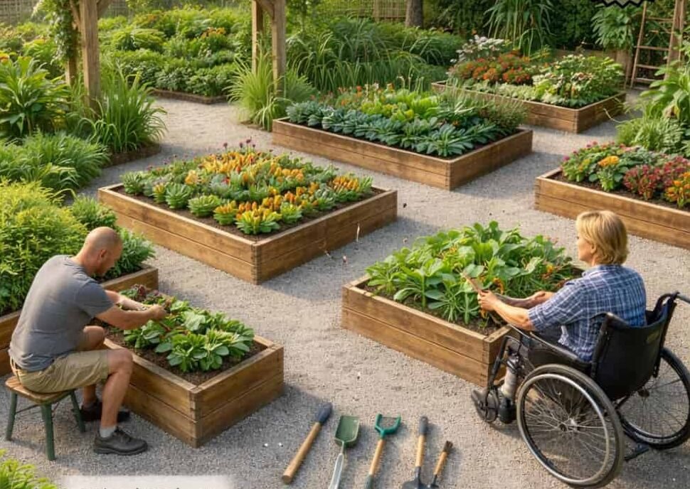 Accessible garden with adaptive tools