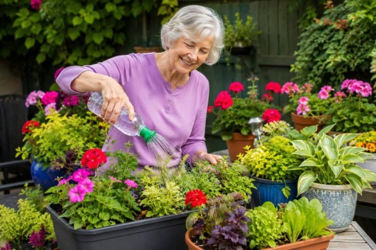 Woman using a bottle top sprinkler to water potted plants easily