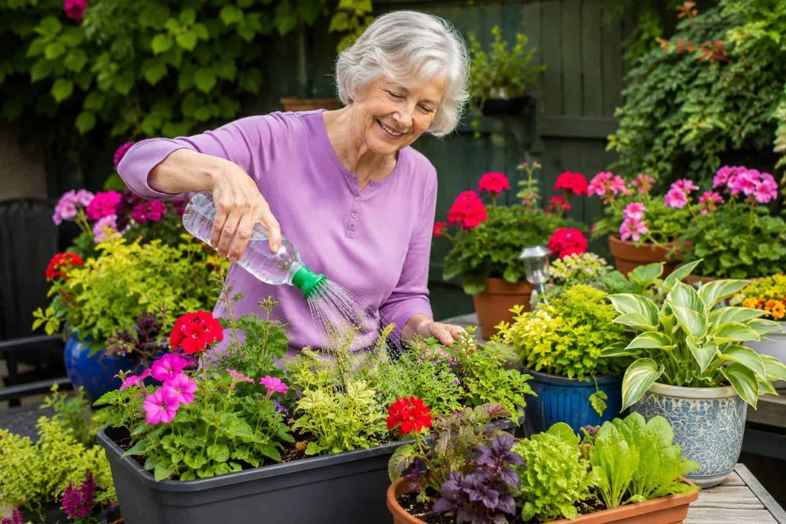 Woman using a bottle top sprinkler to water potted plants easily