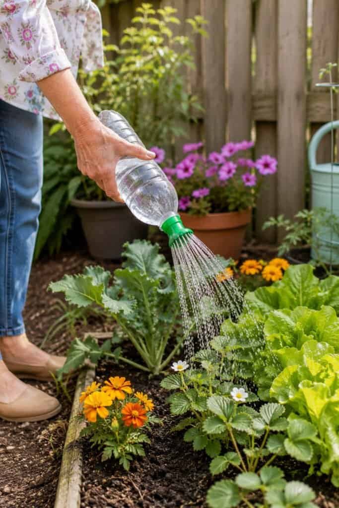 Woman using a bottle top sprinkler to water potted plants easily